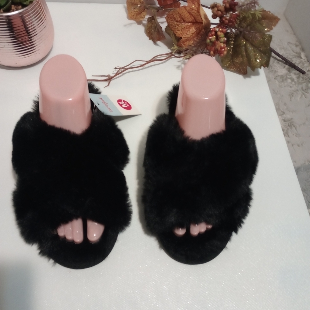 Cat & Jack Pink and Black Fuzzy Slippers